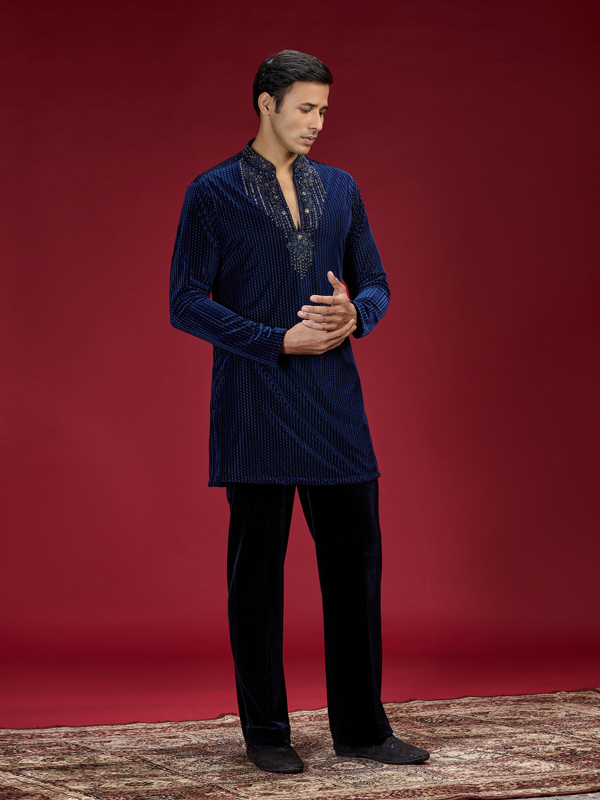 Blue geometric embellished mens kurta suit for weddings