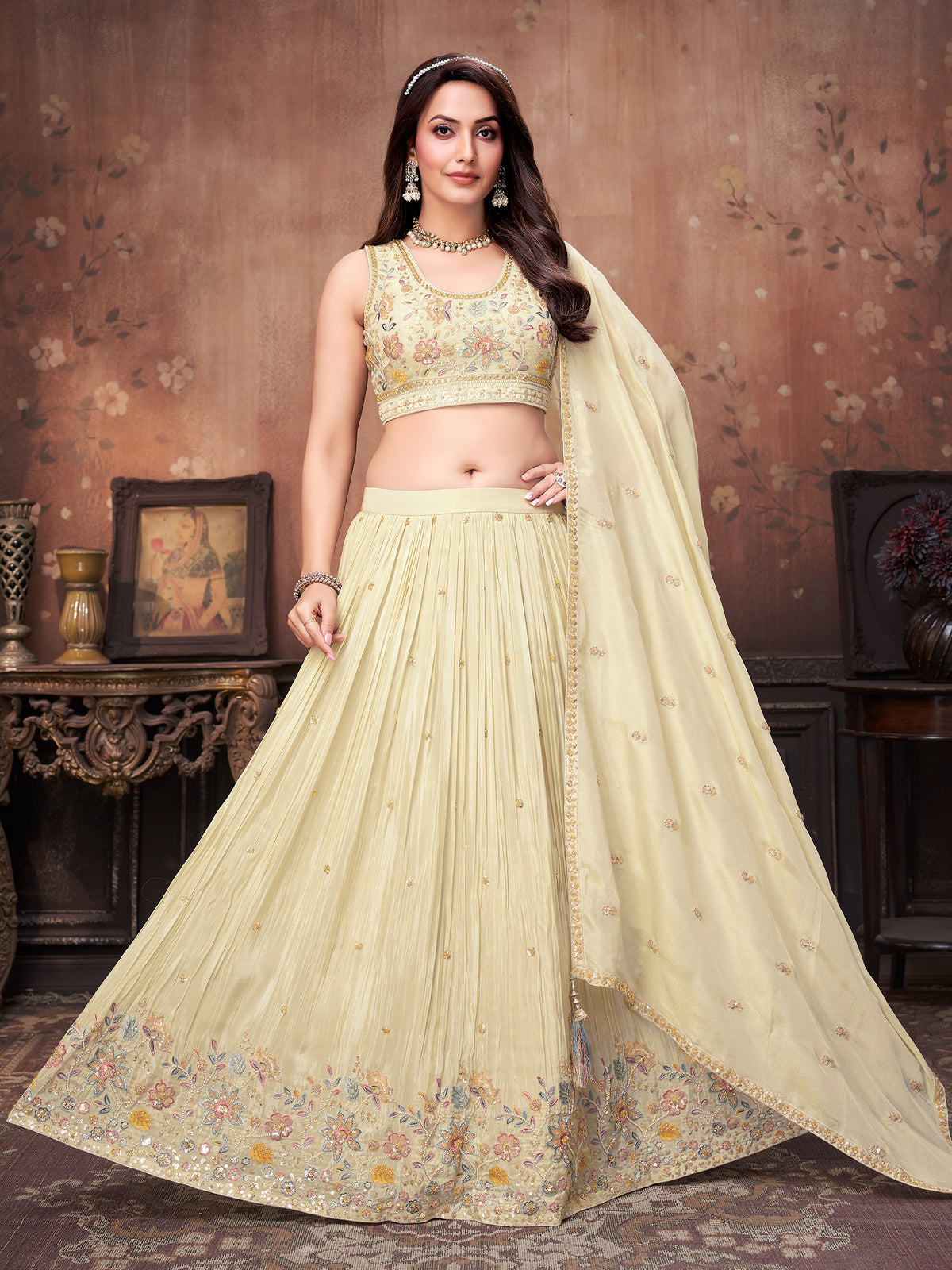 Cream soft silk embroidered lehenga choli with dupatta