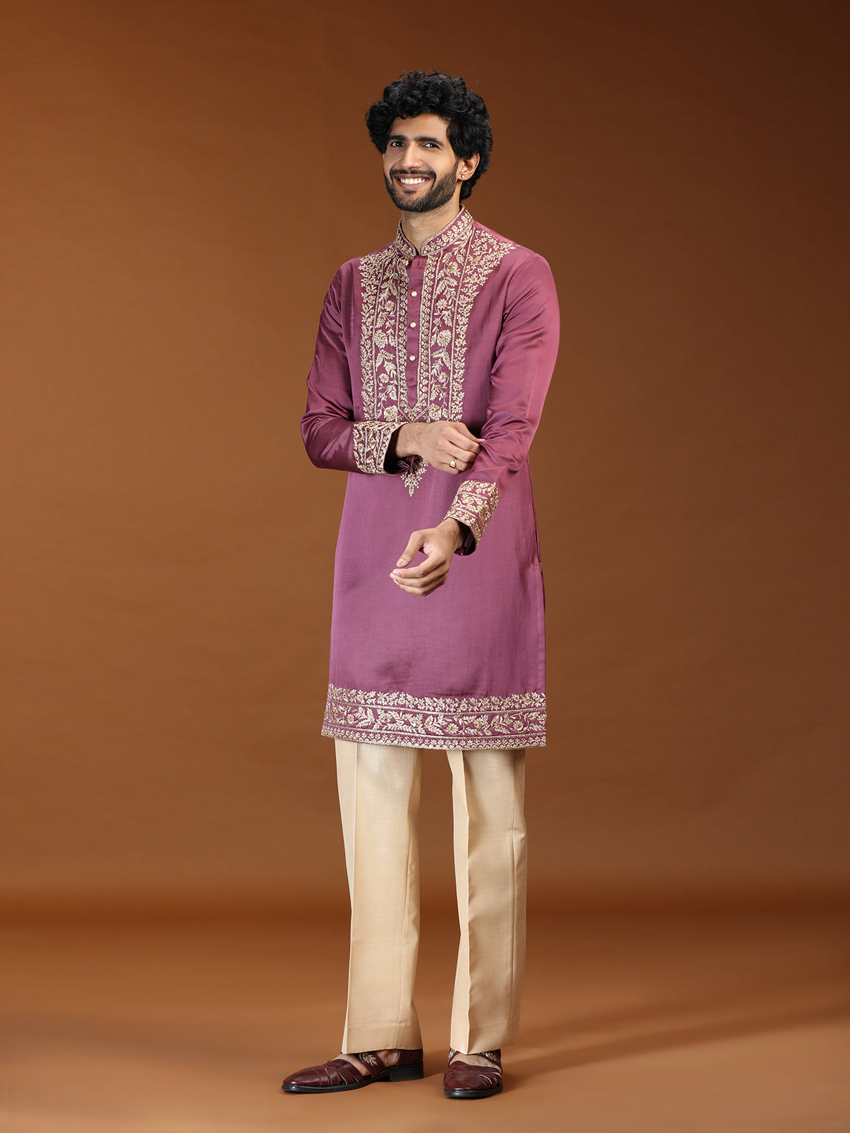 Onion pink floral embroidered mens kurta suit for festive
