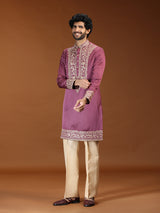 Onion pink floral embroidered mens kurta suit for festive