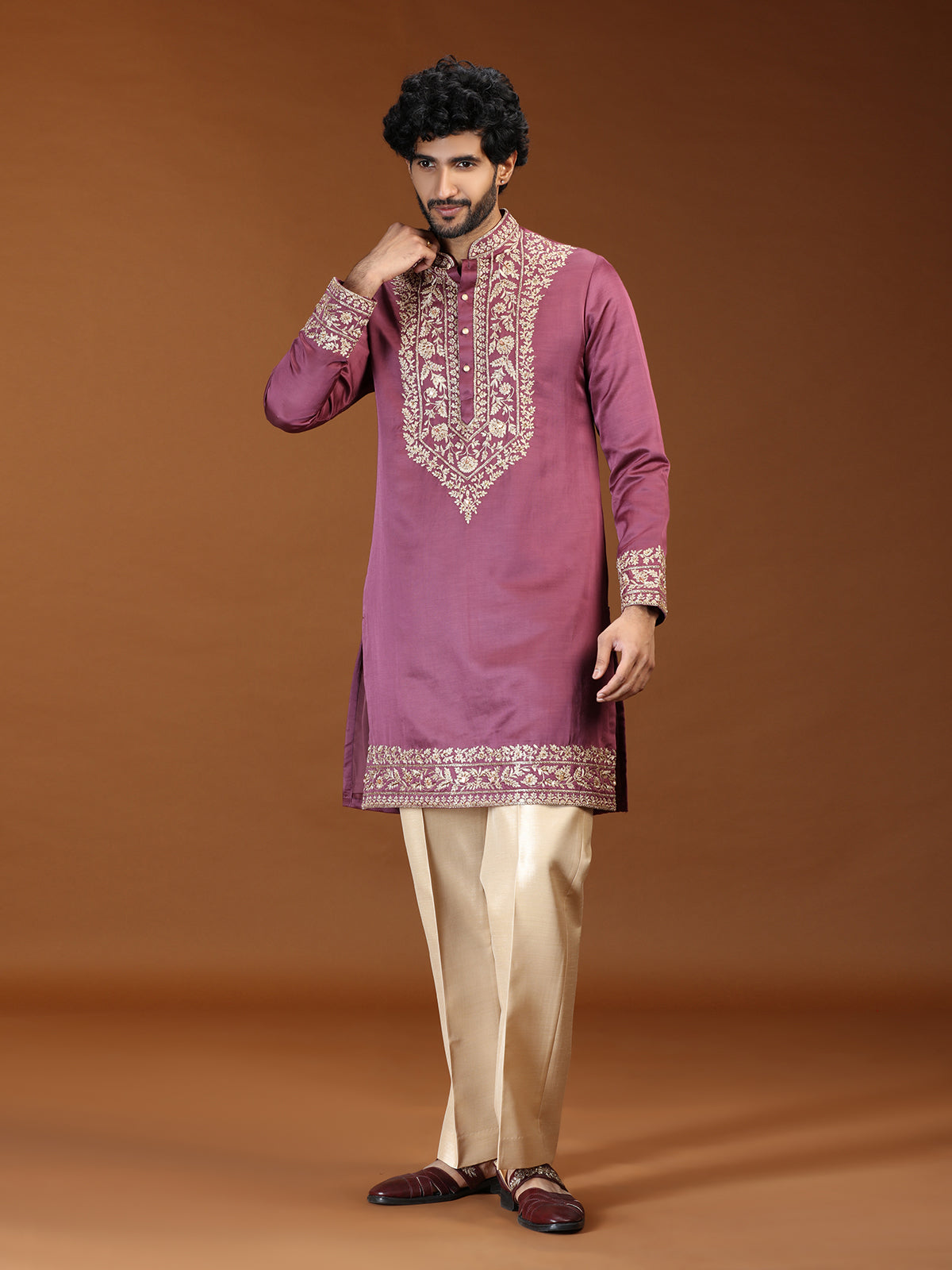 Onion pink floral embroidered mens kurta suit for festive