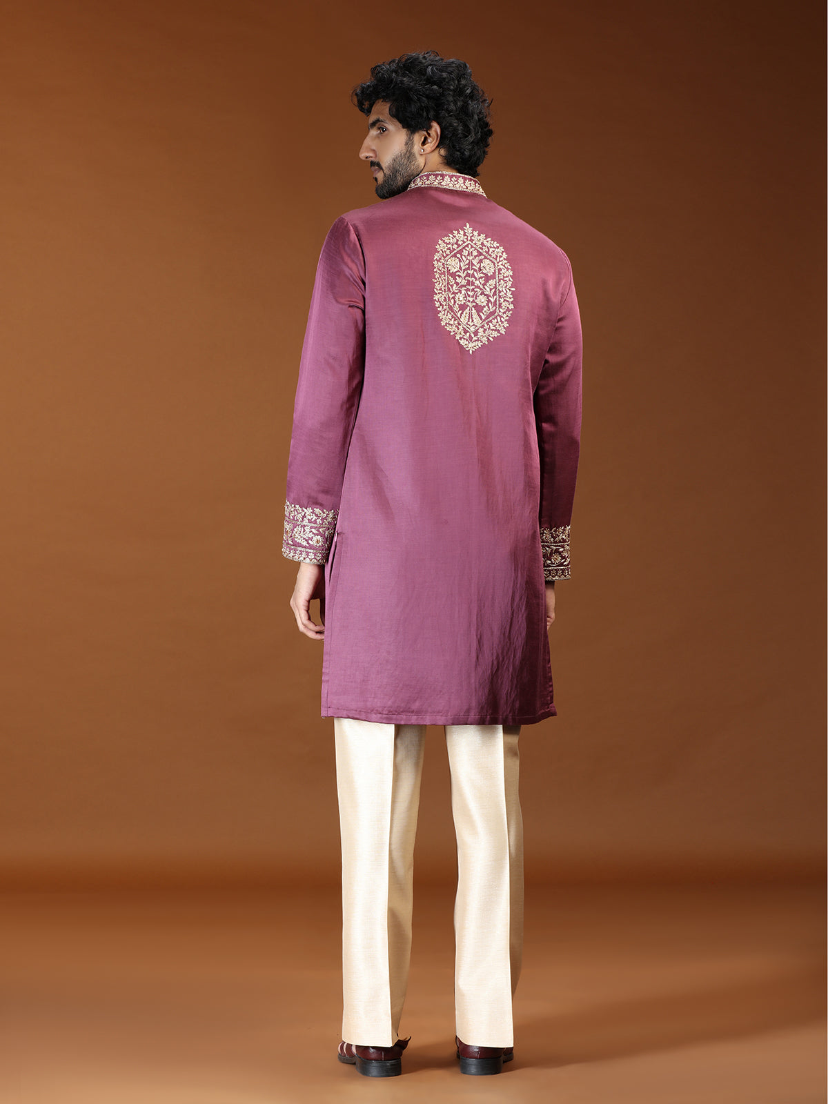 Onion pink floral embroidered mens kurta suit for festive