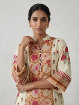 Cream cotton silk kurti set with floral printed elegance