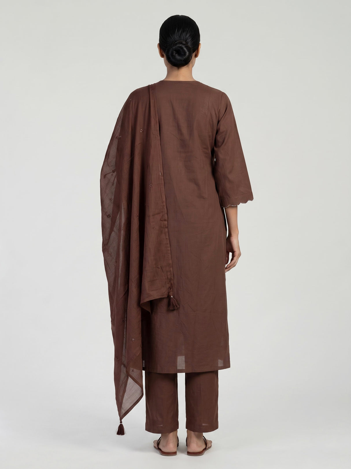 Coffee brown cotton silk palazzo kurti set with aabla embellishments