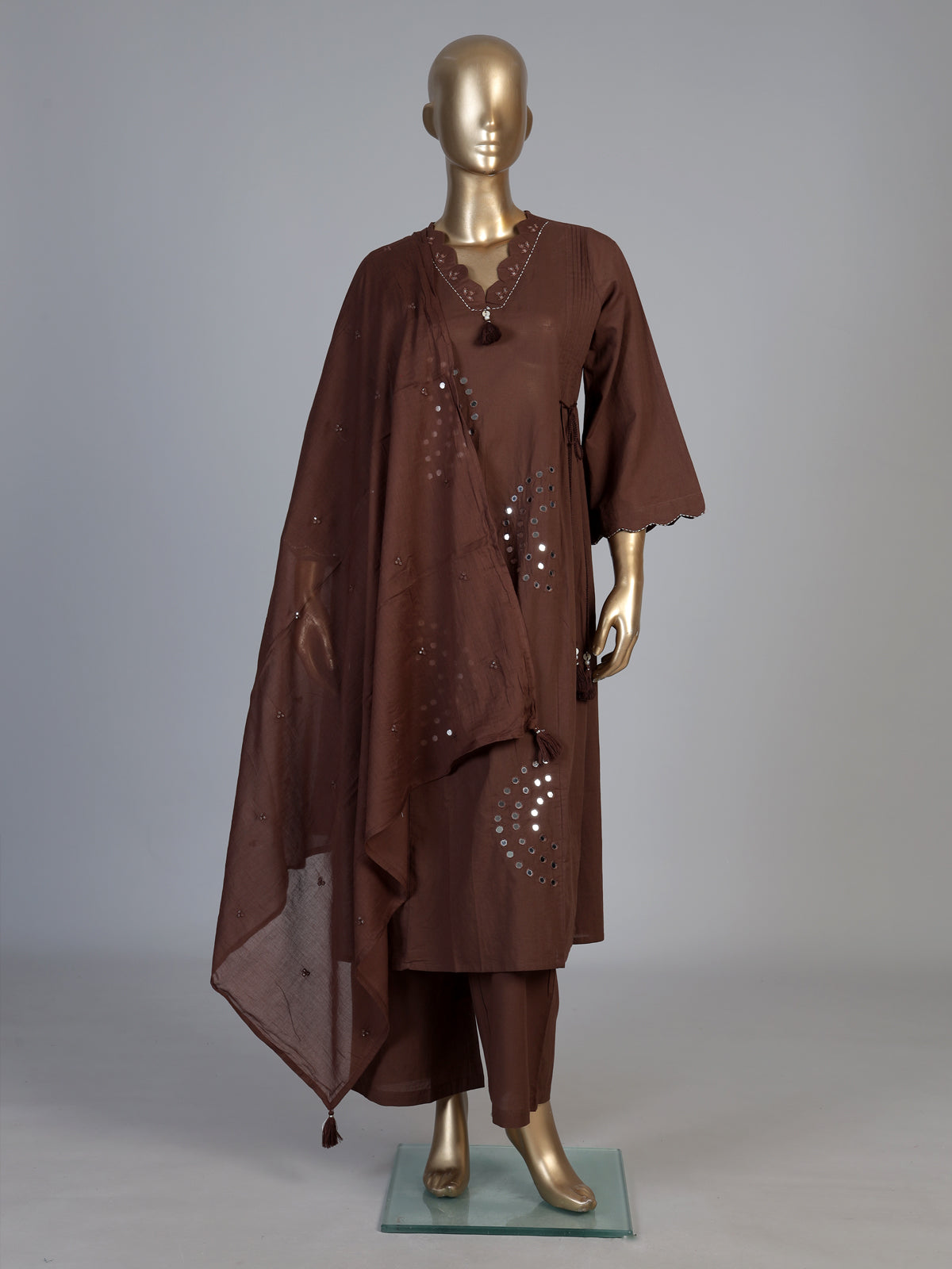 Coffee brown cotton silk palazzo kurti set with aabla embellishments