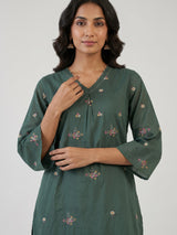 Sage green cotton silk palazzo kurti set with refined embroidery