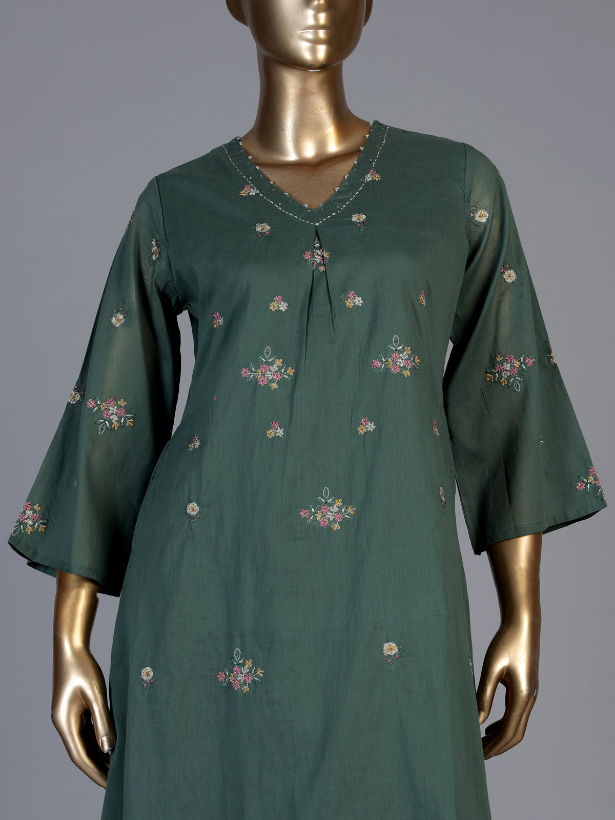 Sage green cotton silk palazzo kurti set with refined embroidery