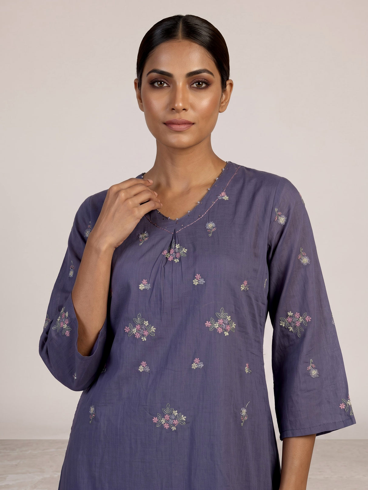 Lavender purple cotton silk palazzo kurti set with delicate embellishments