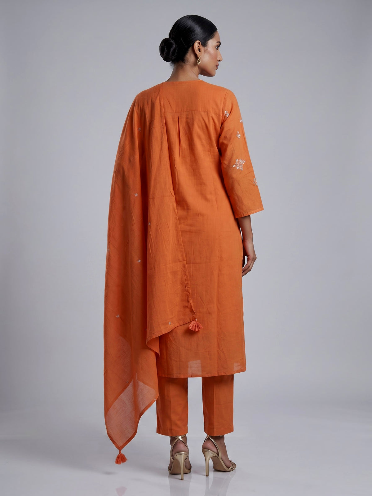 Orange cotton silk palazzo kurti set with elegant embroidery