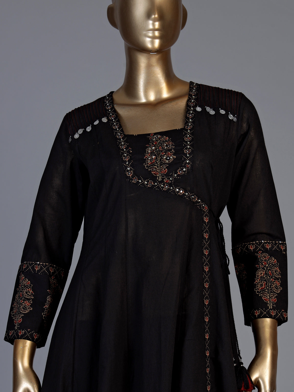 Black cotton silk anarkali kurti set with printed embellishments