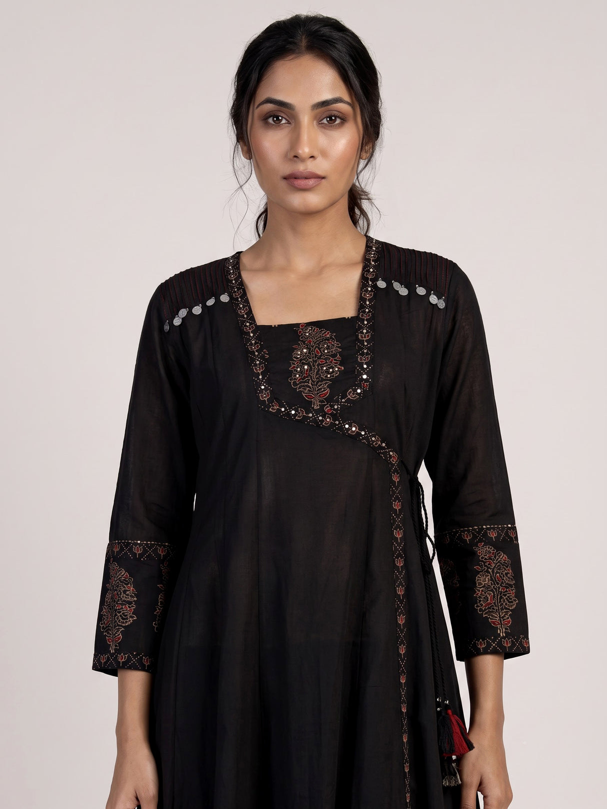 Black cotton silk anarkali kurti set with printed embellishments