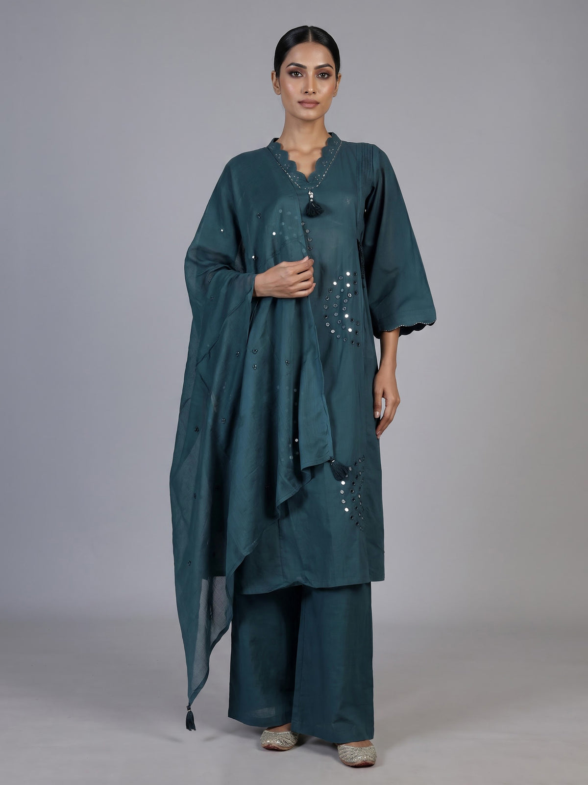 Rama green cotton silk kurti set with aabla tassel detailing