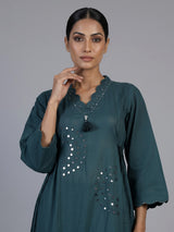 Rama green cotton silk kurti set with aabla tassel detailing