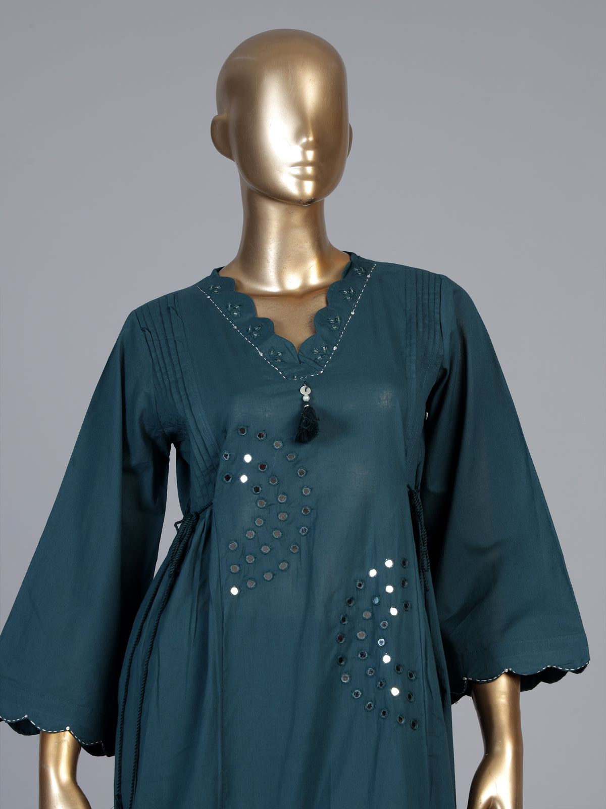 Rama green cotton silk kurti set with aabla tassel detailing