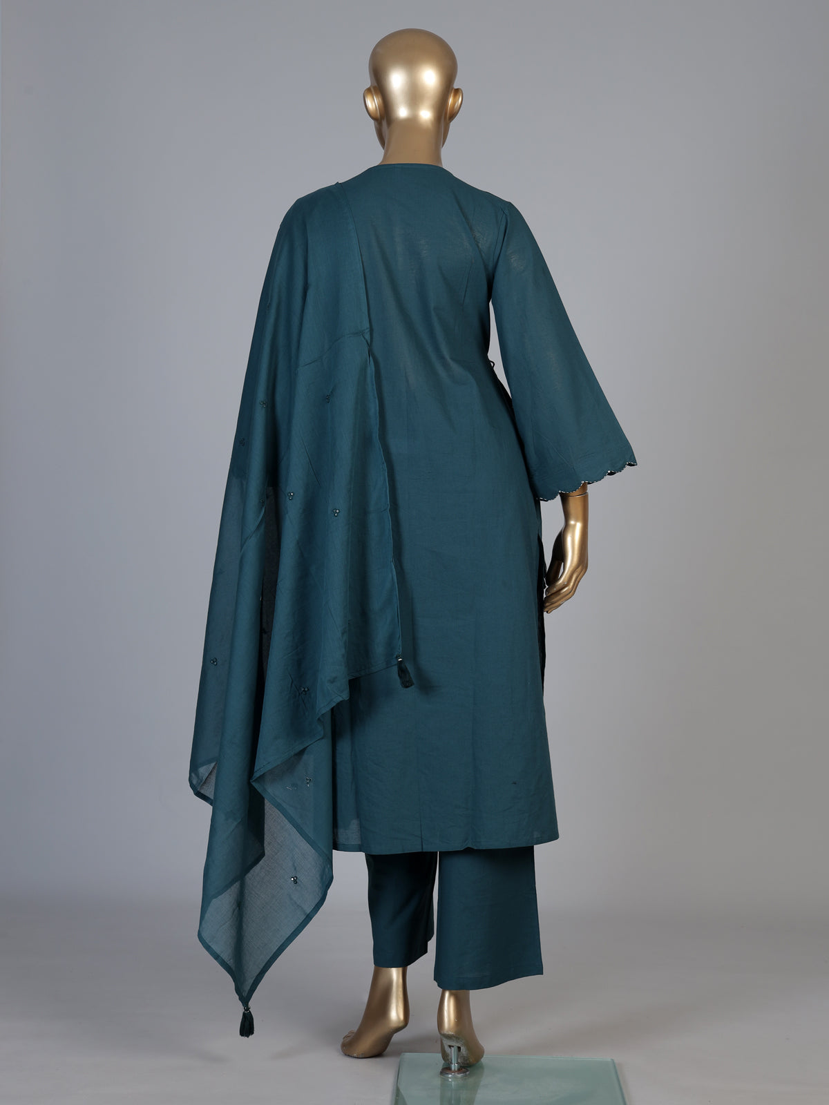 Rama green cotton silk kurti set with aabla tassel detailing