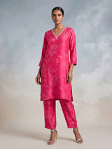 Rani pink cotton silk kurti set with ornate zardosi neckline