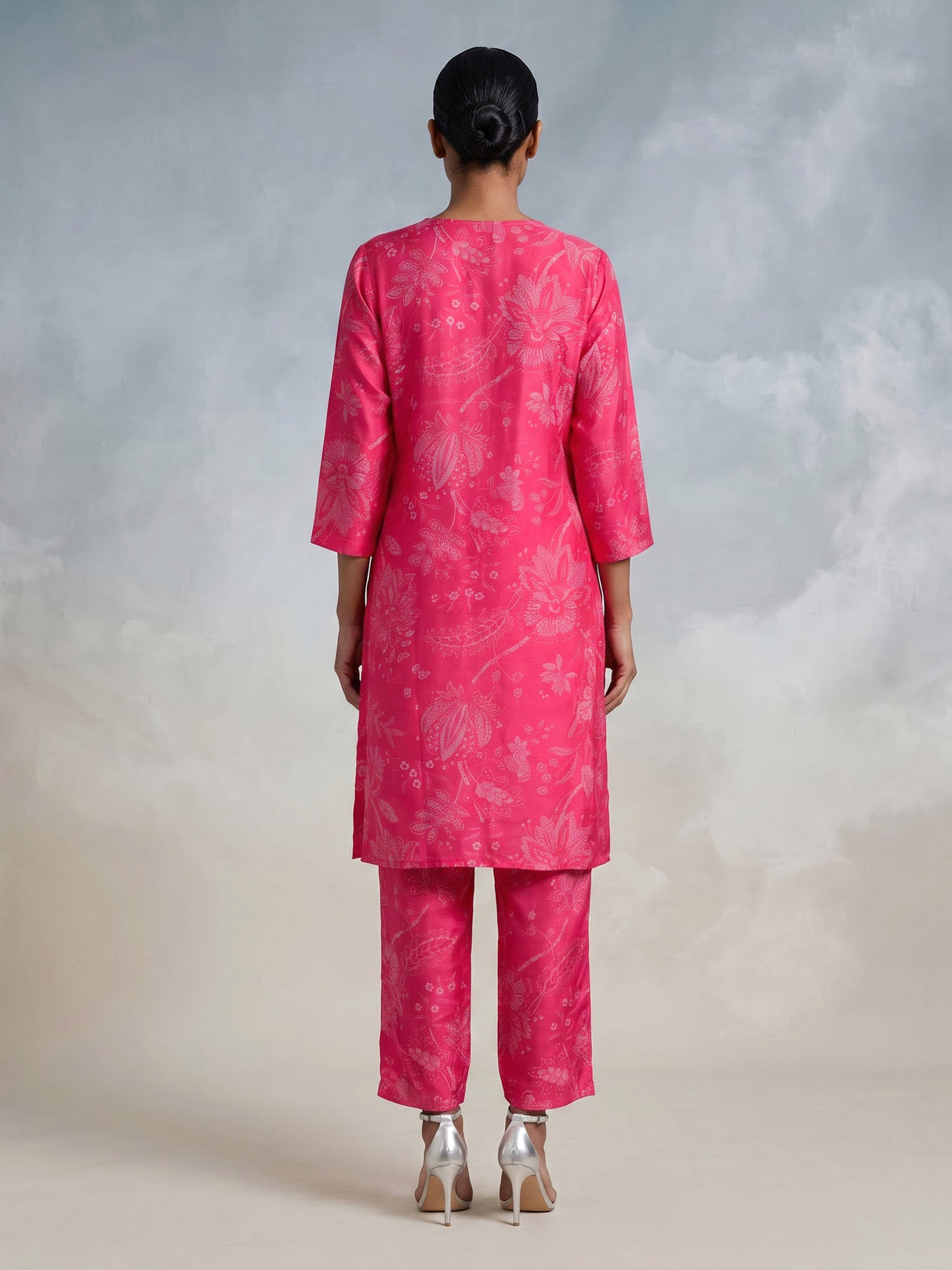 Rani pink cotton silk kurti set with ornate zardosi neckline