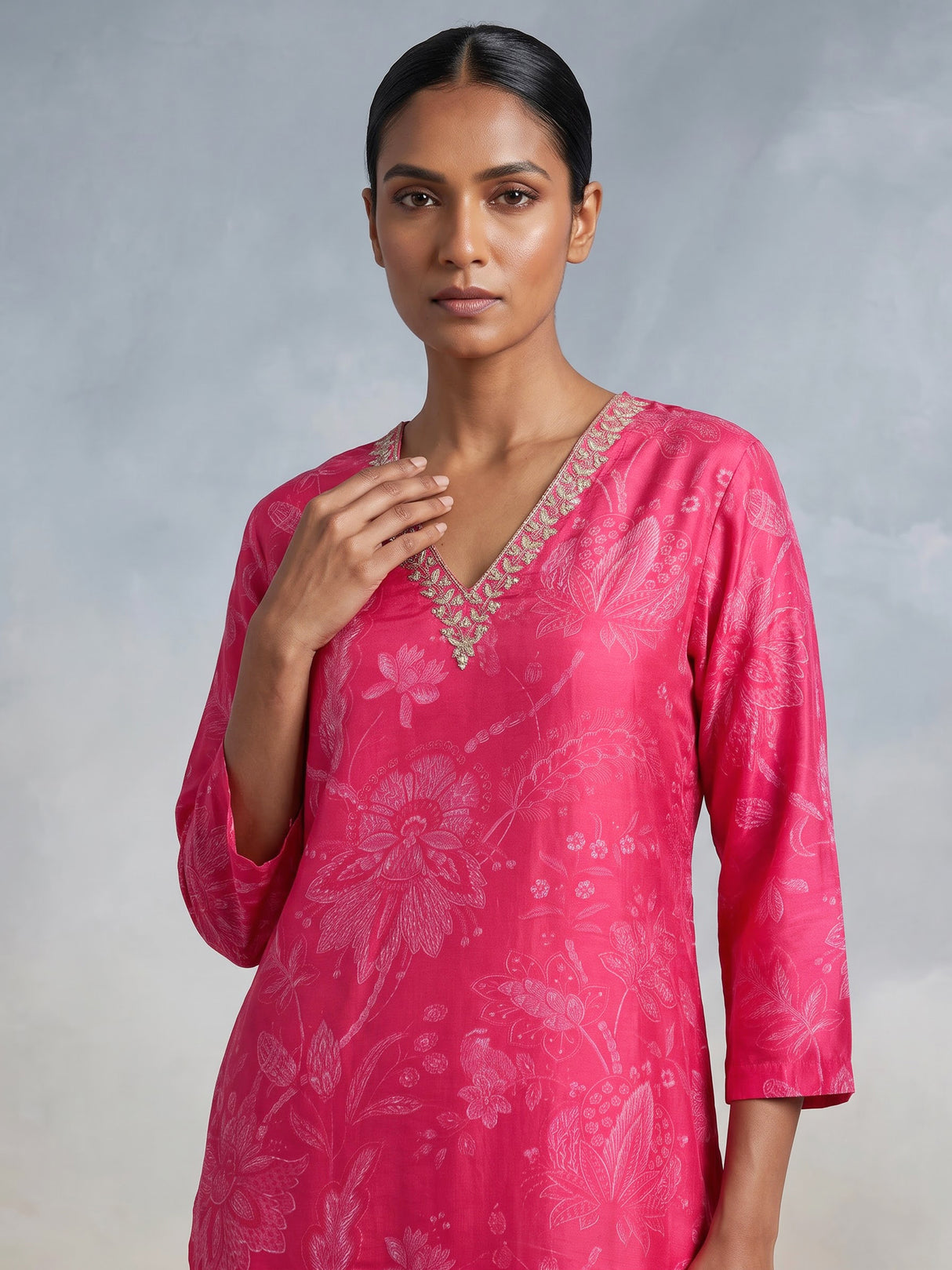 Rani pink cotton silk kurti set with ornate zardosi neckline