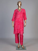 Rani pink cotton silk kurti set with ornate zardosi neckline