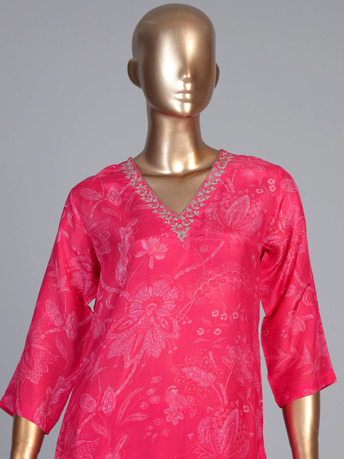 Rani pink cotton silk kurti set with ornate zardosi neckline