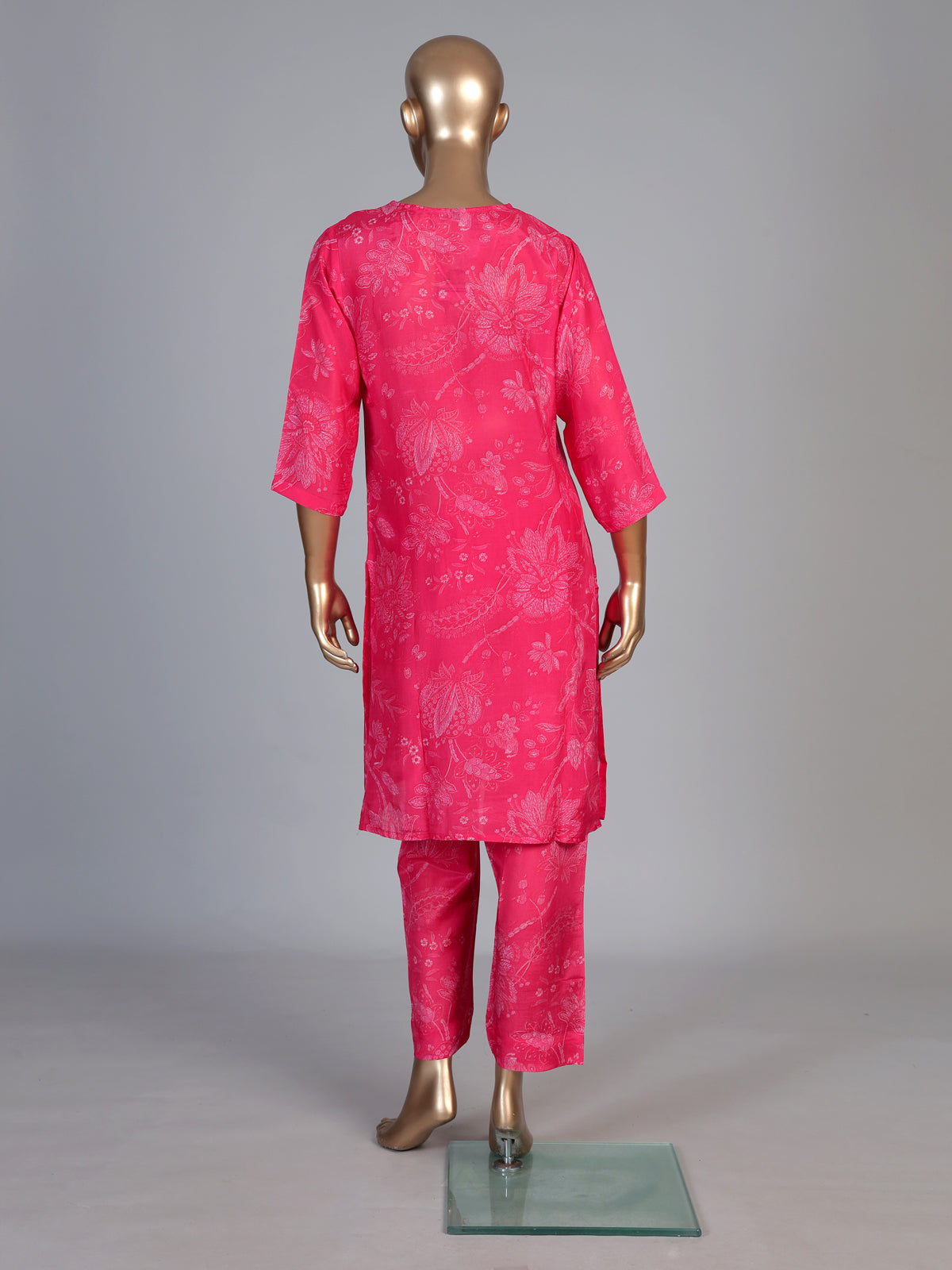 Rani pink cotton silk kurti set with ornate zardosi neckline