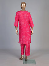 Rani pink cotton silk kurti set with ornate zardosi neckline