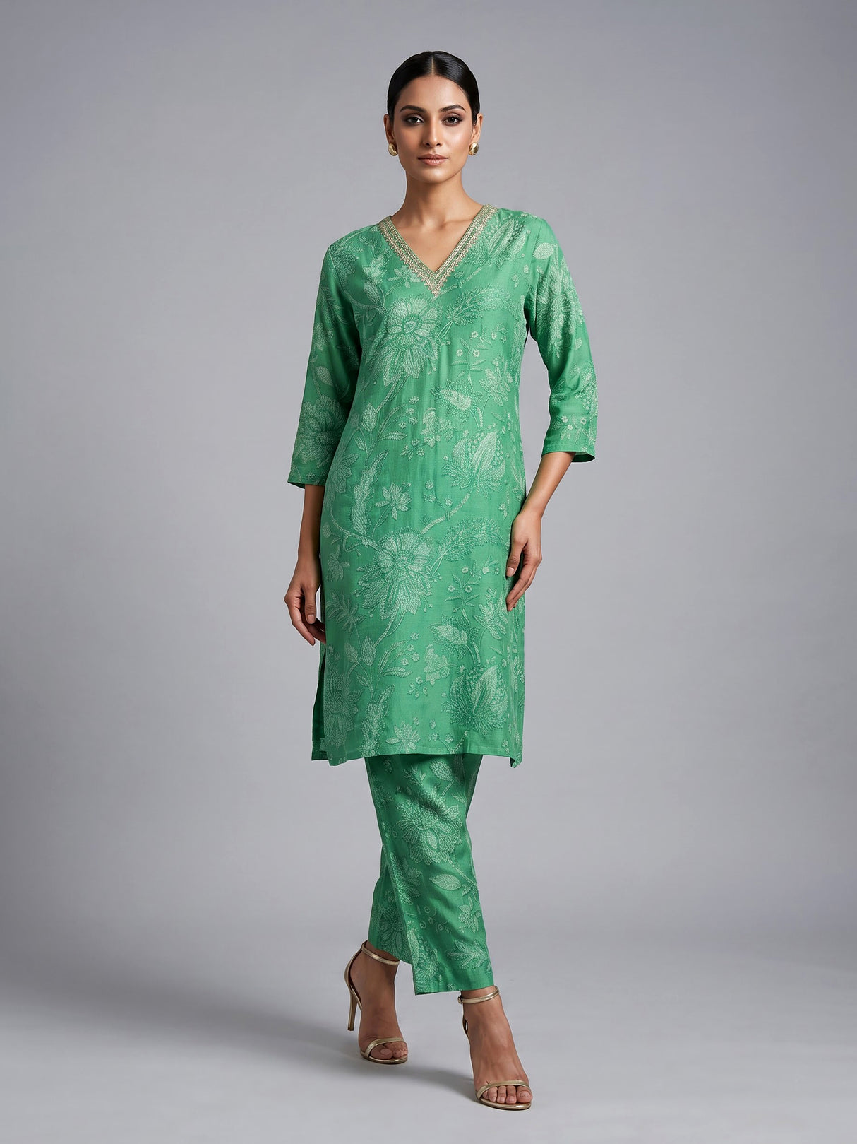 Green cotton silk kurti set with embellished printed neckline