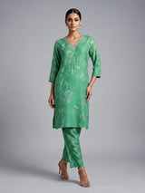 Green cotton silk kurti set with embellished printed neckline