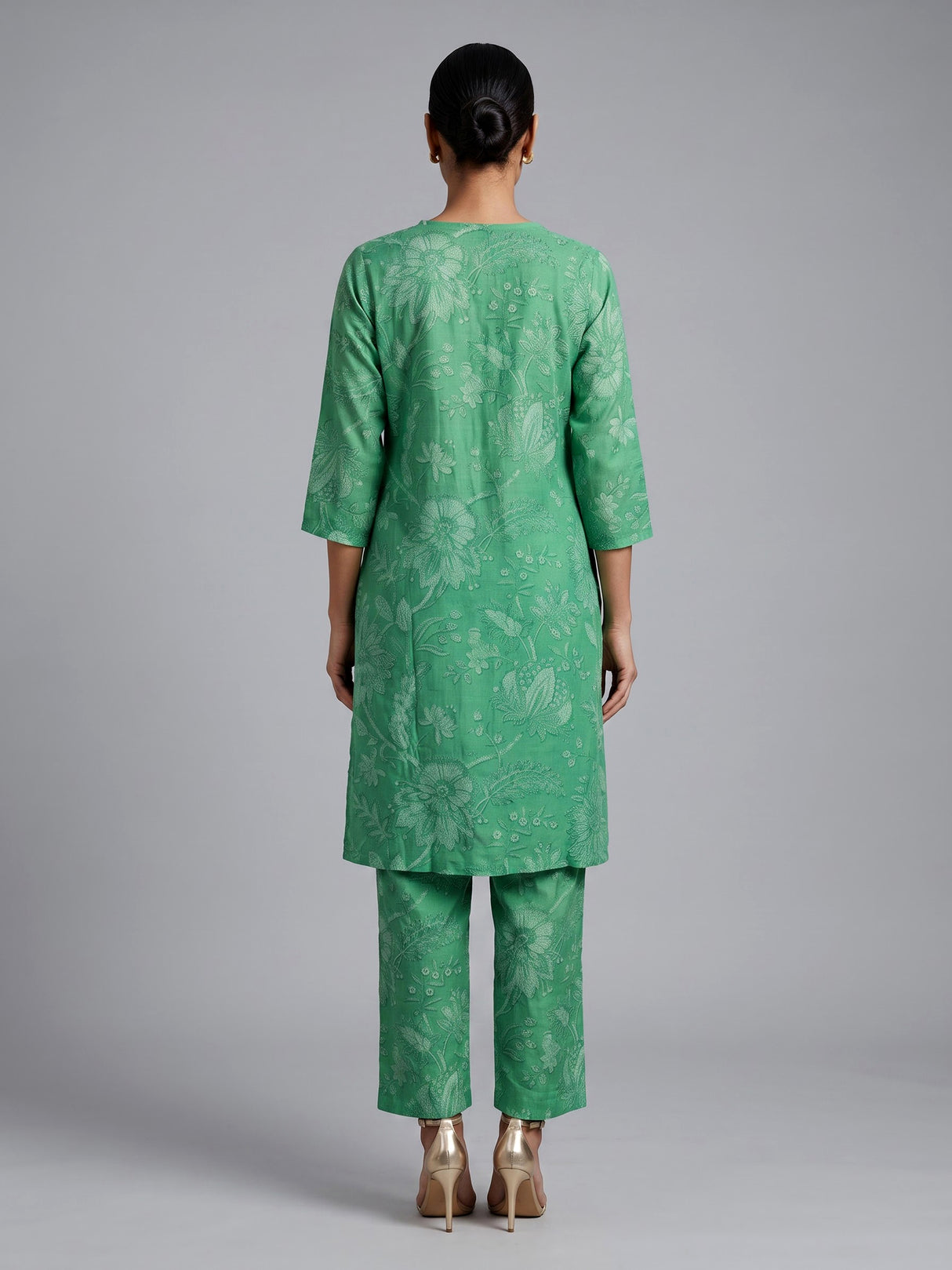 Green cotton silk kurti set with embellished printed neckline
