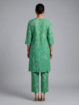 Green cotton silk kurti set with embellished printed neckline