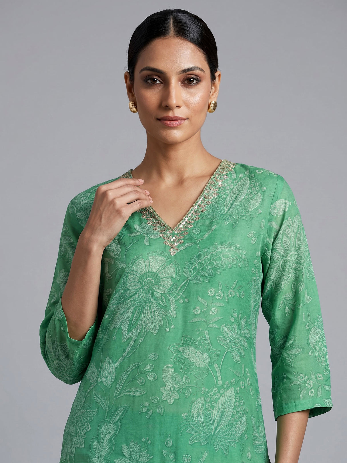 Green cotton silk kurti set with embellished printed neckline