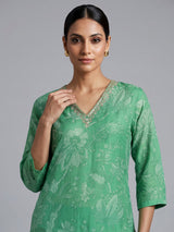 Green cotton silk kurti set with embellished printed neckline