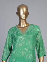Green cotton silk kurti set with embellished printed neckline