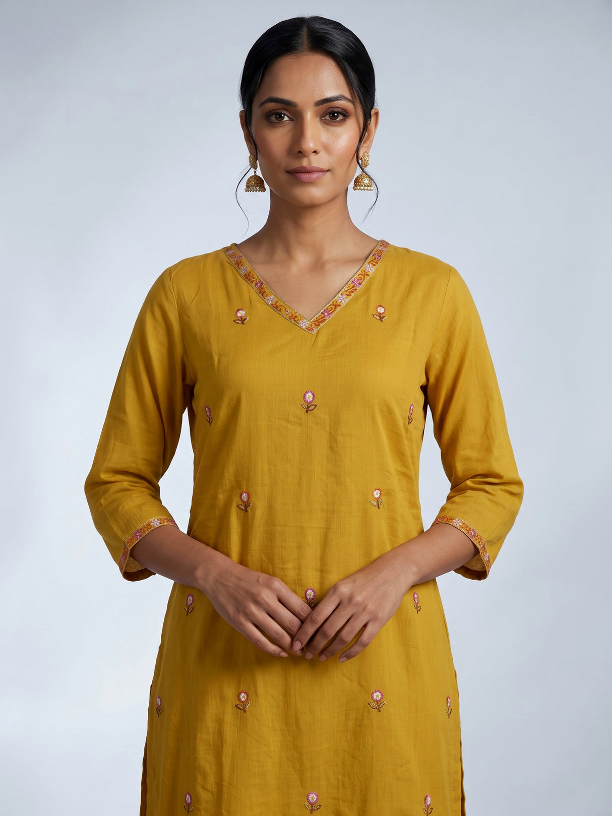 Mustard yellow cotton silk blend kurti set with embroidered butti