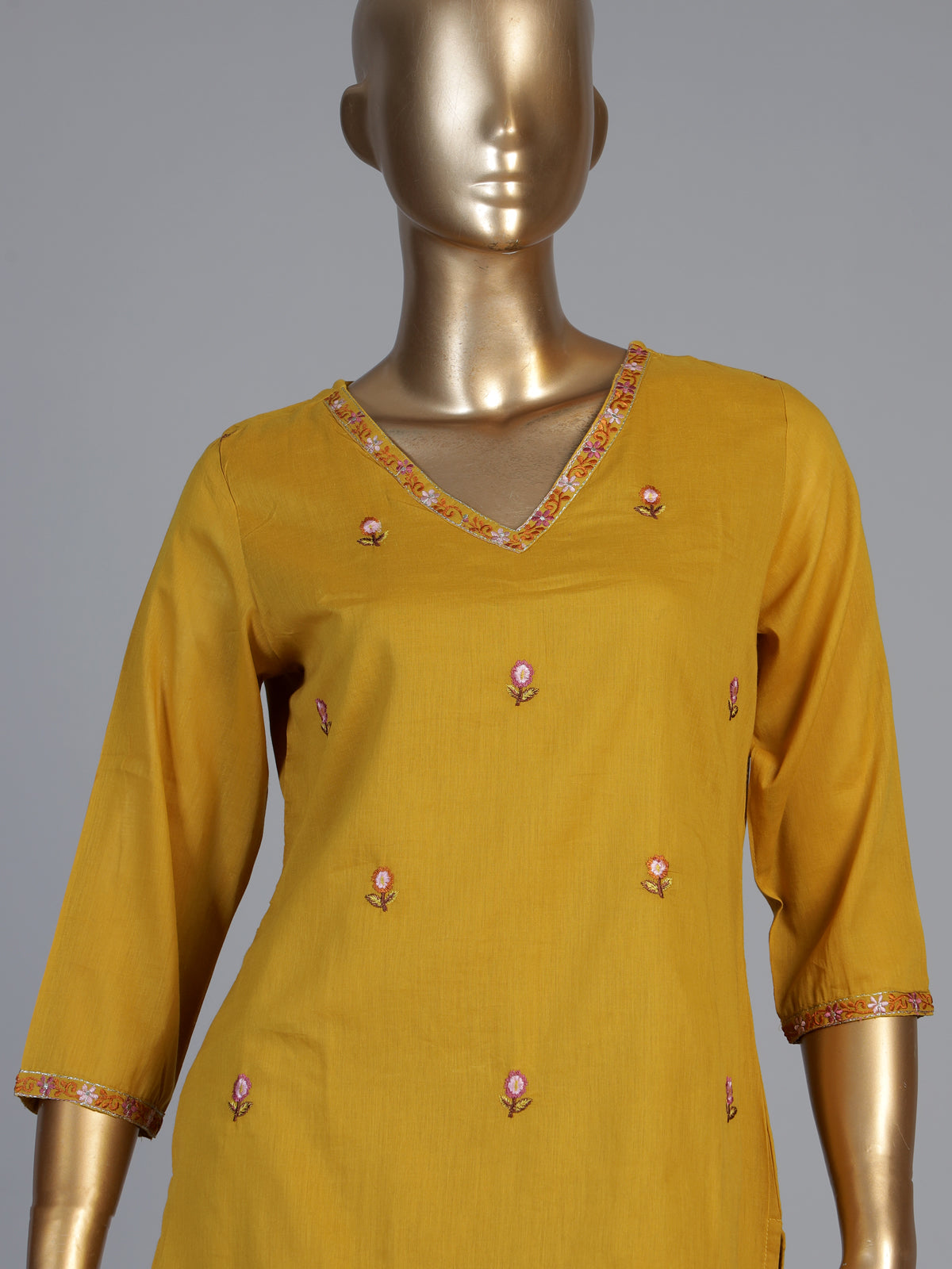 Mustard yellow cotton silk blend kurti set with embroidered butti