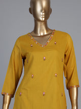 Mustard yellow cotton silk blend kurti set with embroidered butti