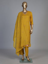 Mustard yellow cotton silk blend kurti set with embroidered butti
