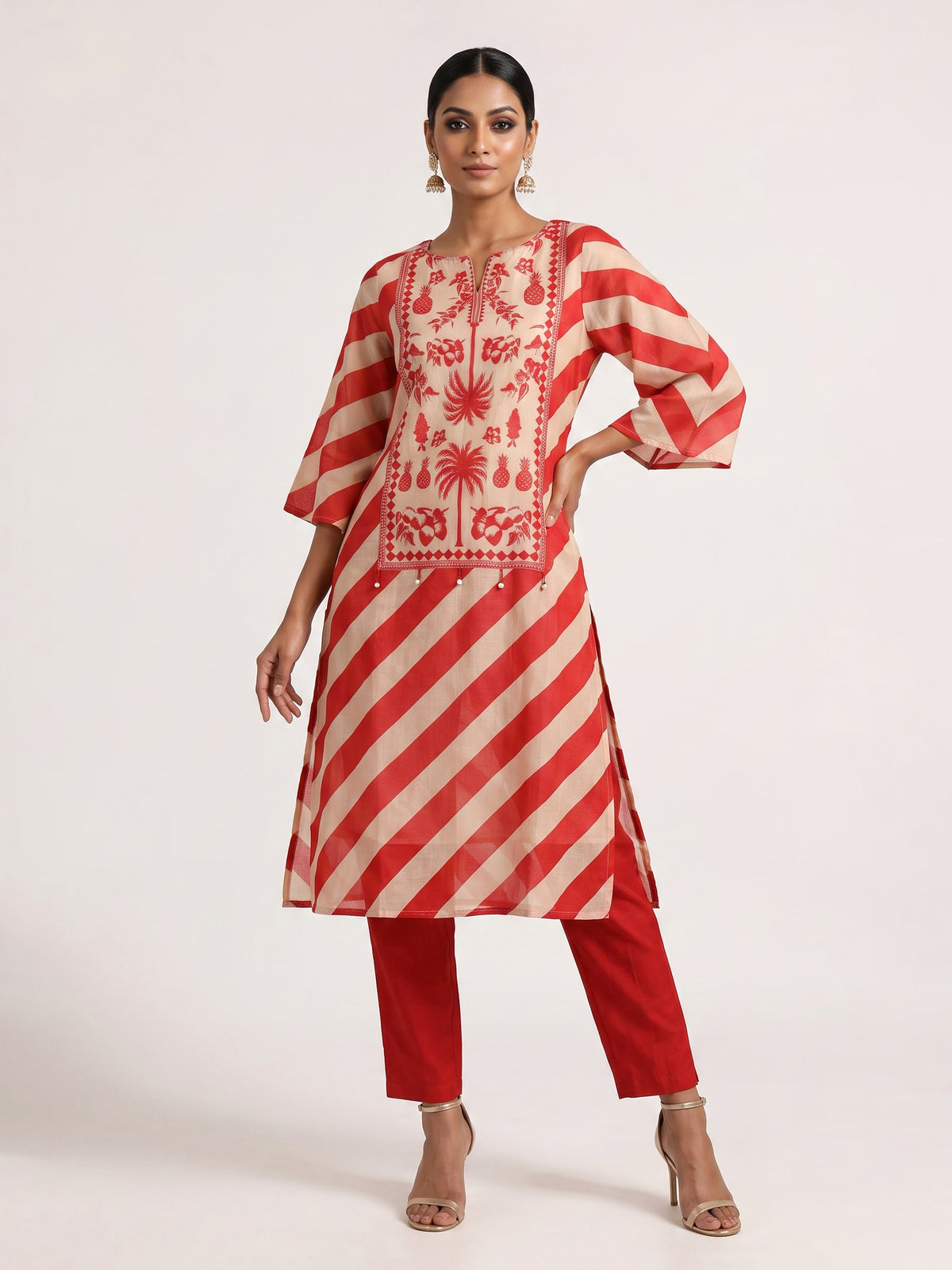 Red silk blend kurti set with printed design and coin accents