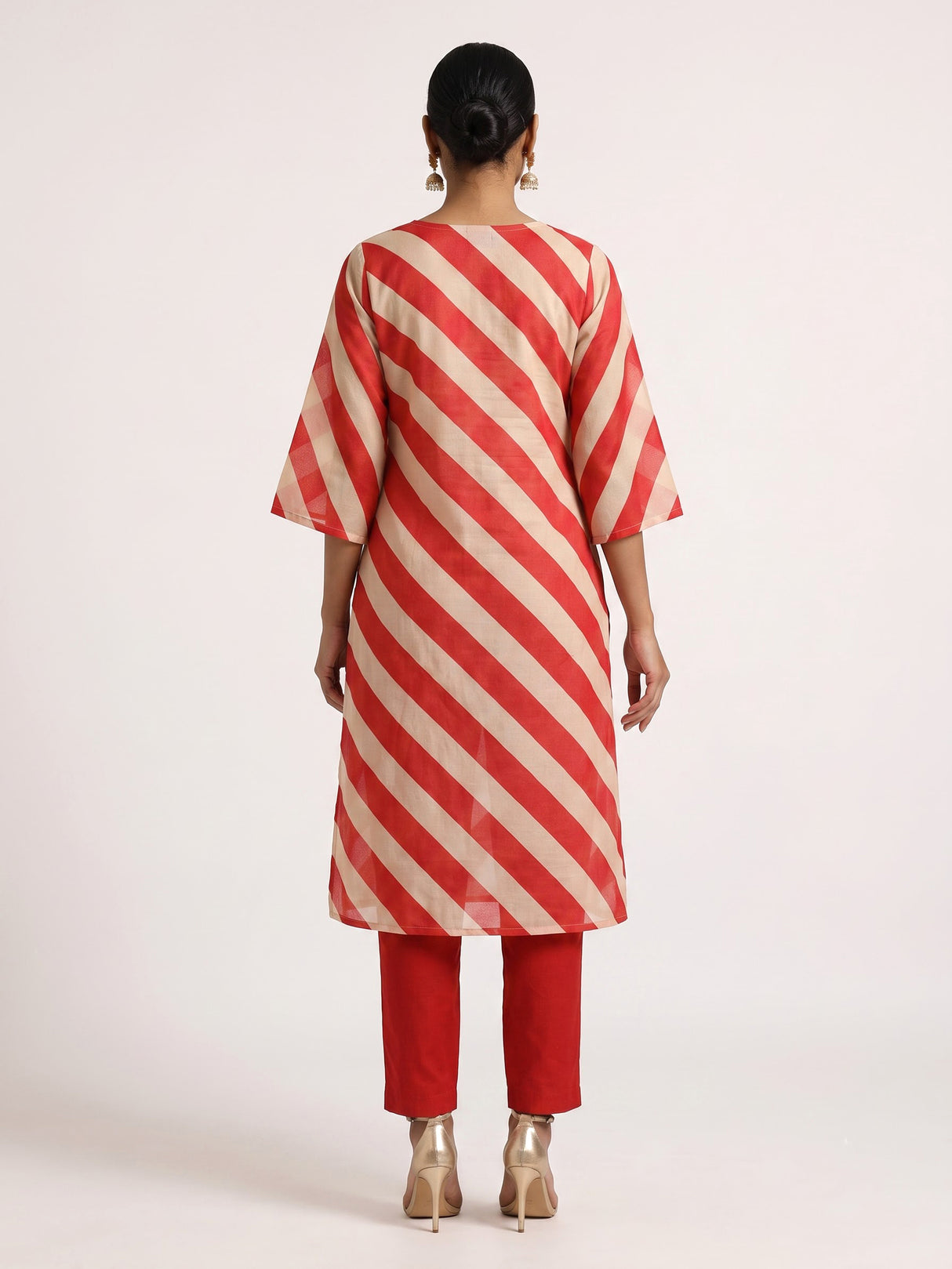 Red silk blend kurti set with printed design and coin accents