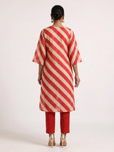 Red silk blend kurti set with printed design and coin accents
