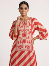 Red silk blend kurti set with printed design and coin accents