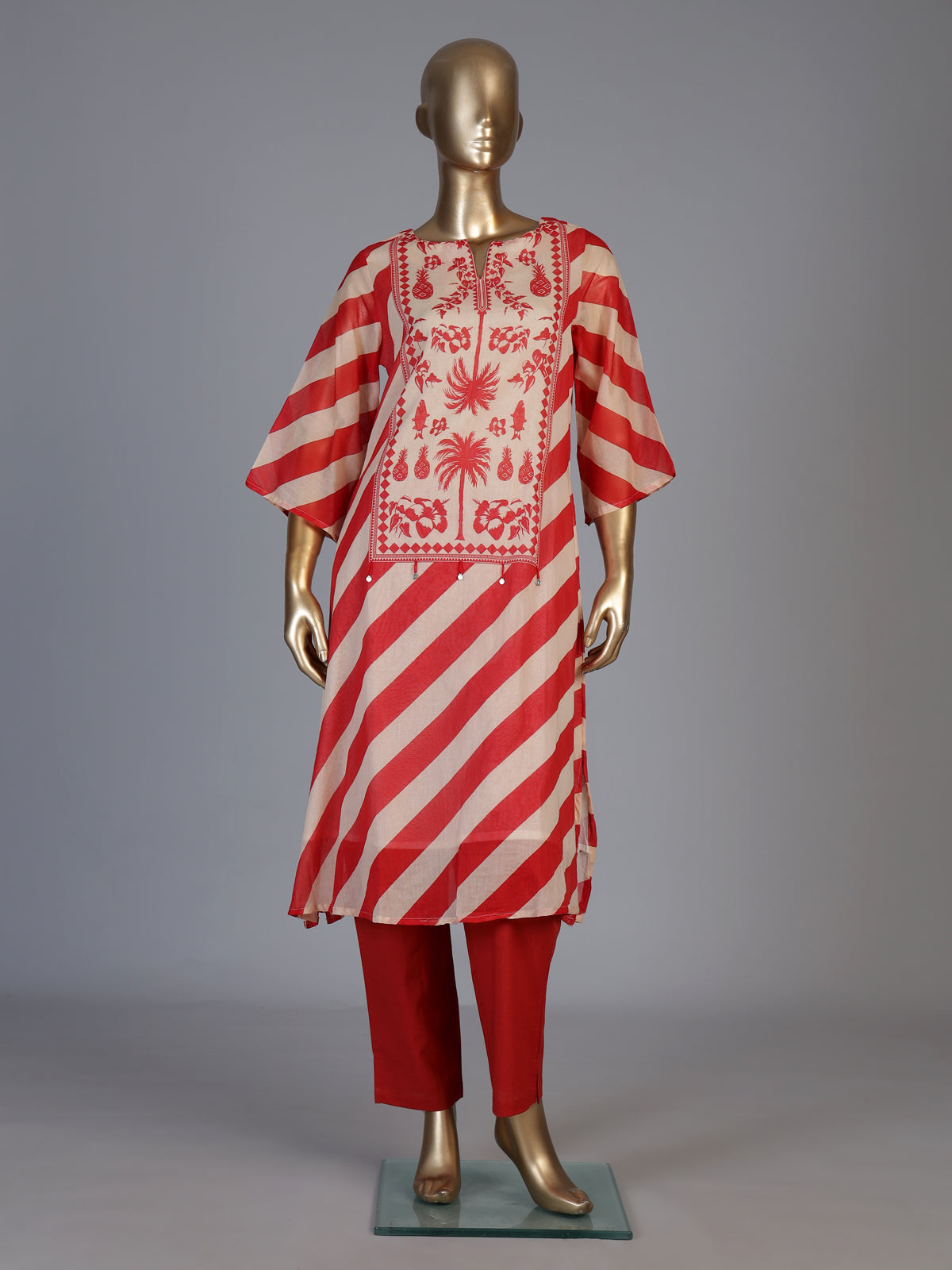 Red silk blend kurti set with printed design and coin accents