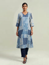 Blue silk kurti set with refined printed pant and V neckline