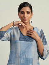 Blue silk kurti set with refined printed pant and V neckline