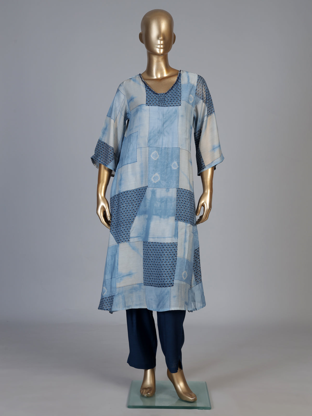 Blue silk kurti set with refined printed pant and V neckline