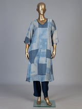 Blue silk kurti set with refined printed pant and V neckline