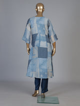 Blue silk kurti set with refined printed pant and V neckline
