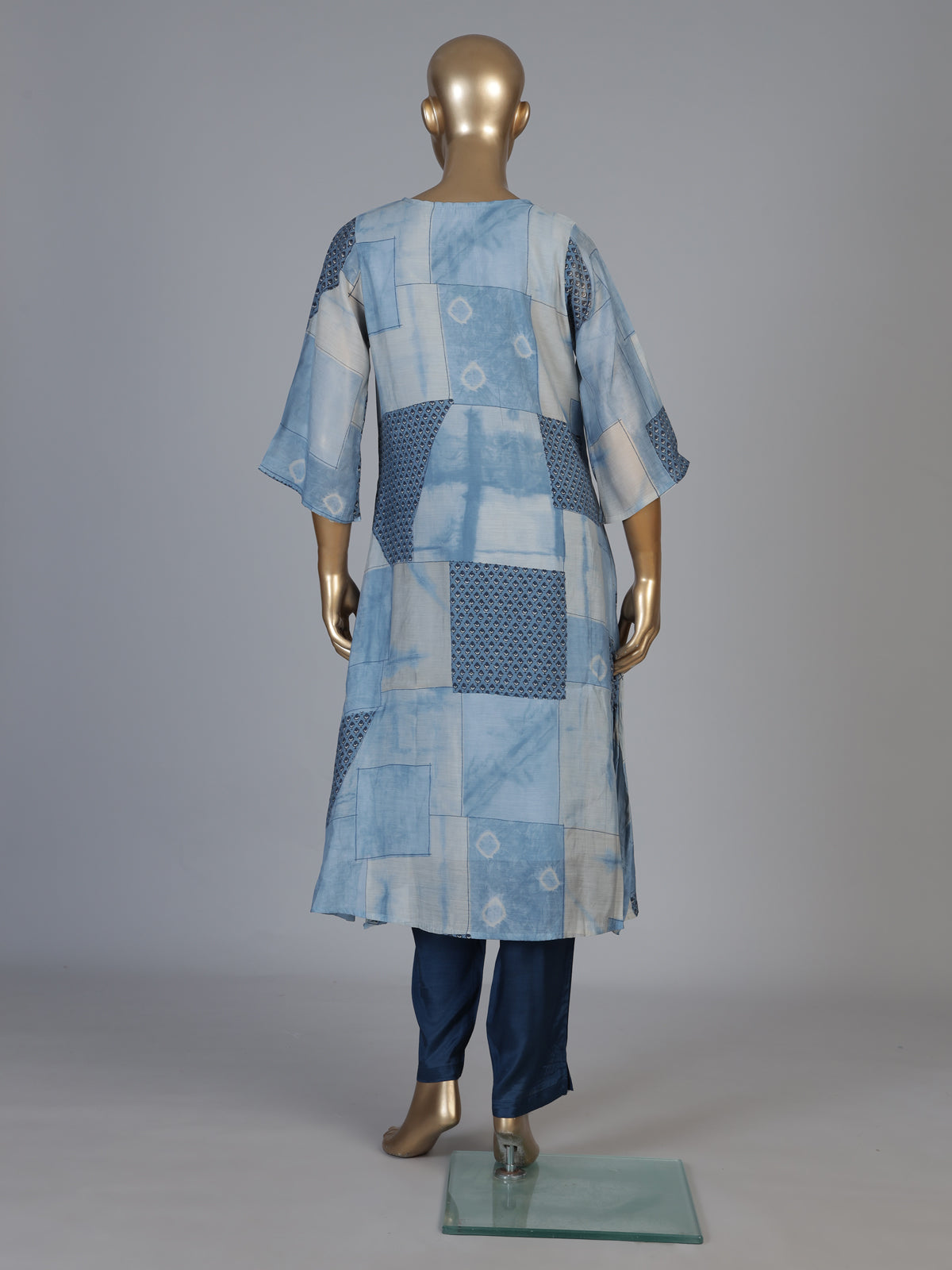 Blue silk kurti set with refined printed pant and V neckline