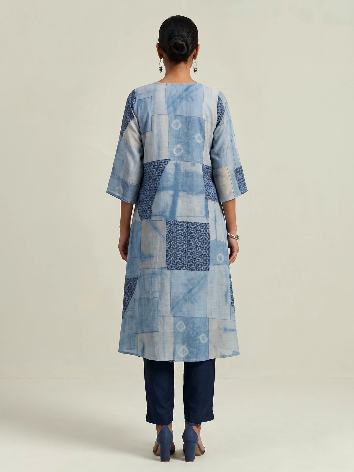 Blue silk kurti set with refined printed pant and V neckline