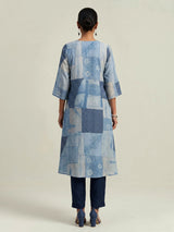 Blue silk kurti set with refined printed pant and V neckline